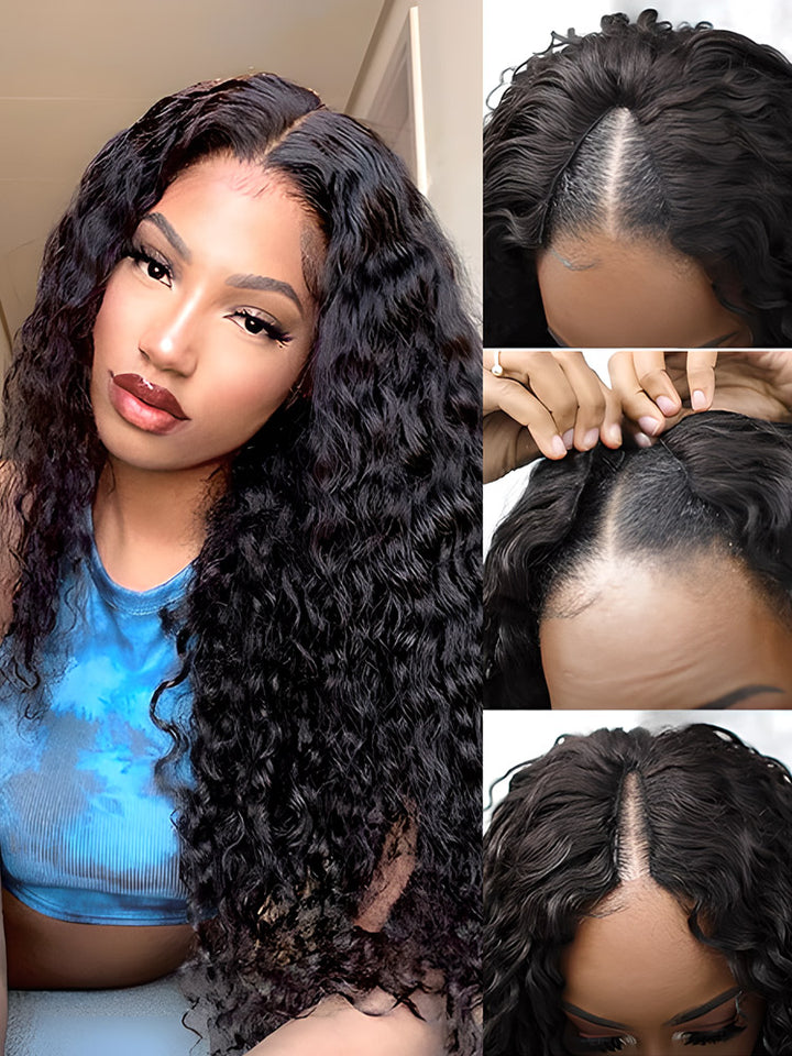 CurlyMe Water Wave V Part Wig Human Hair Glueless No Lace Wig Same as Thin Part