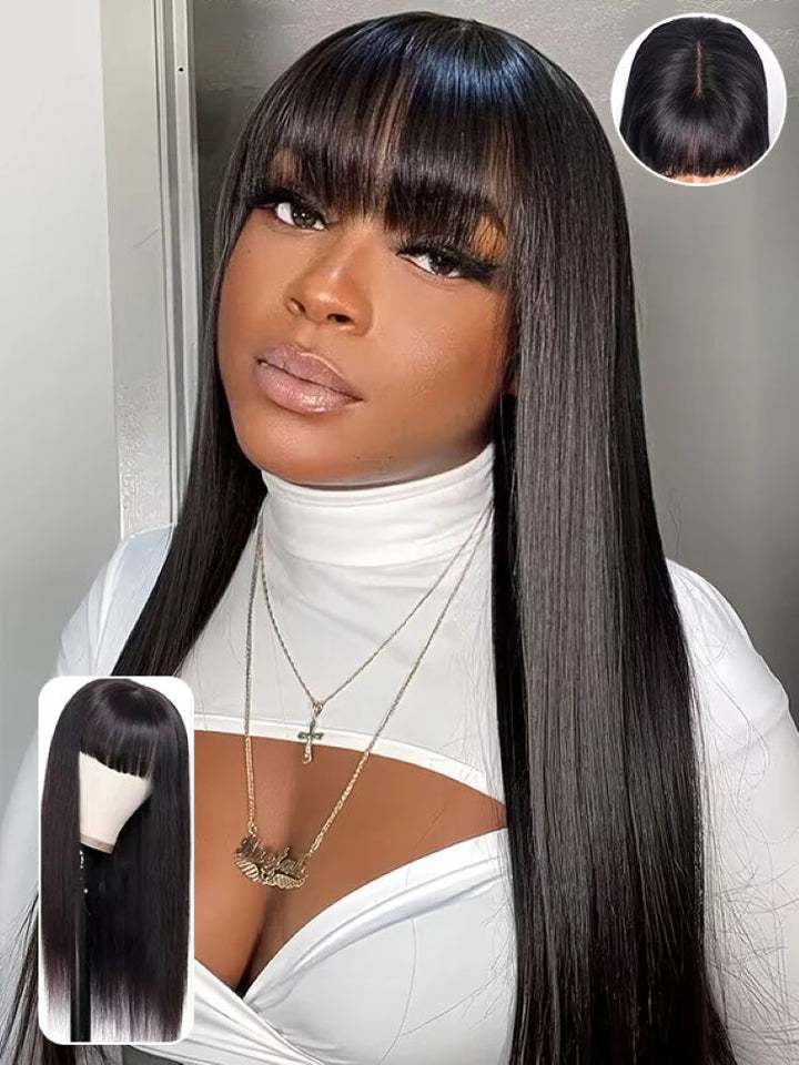 CurlyMe Straight Hair Non Lace Wigs Full Machine Made Wigs With Bangs Natural Black