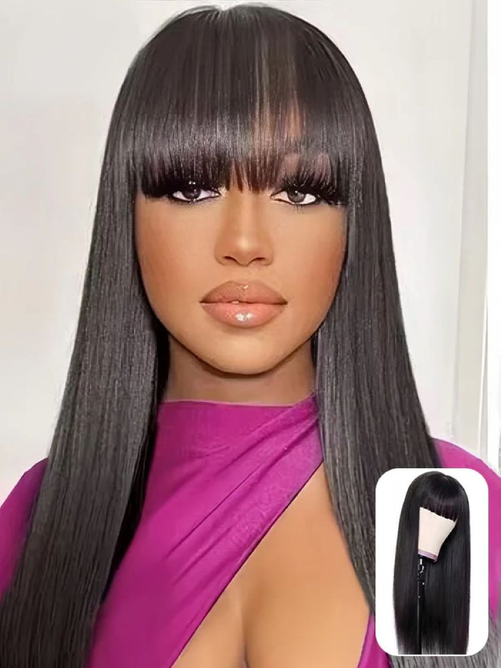 CurlyMe Straight Hair Non Lace Wigs Full Machine Made Wigs With Bangs Natural Black