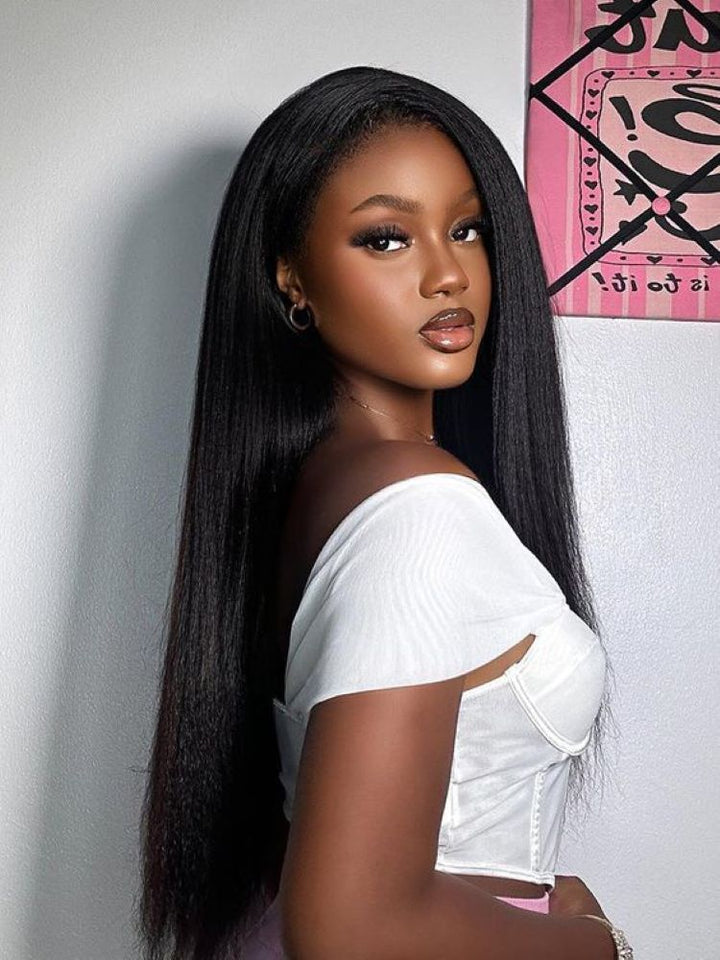 CurlyMe V Part Glueless No Leave Out Kinky Straight Human Hair Wig Pre-plucked Beginner Friendly