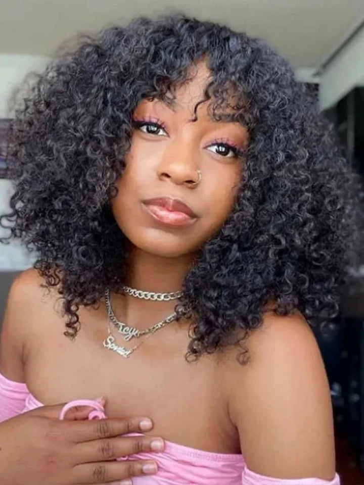 CurlyMe Kinky Curly No Lace Wigs Full Machine Made Wigs With Bangs Affordable Hair