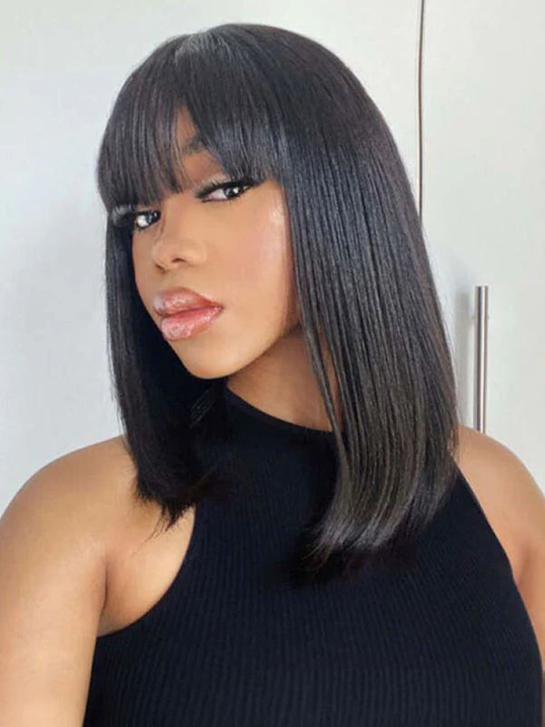 CurlyMe Silk Straight Hair Non Lace Glueless Bob Wig With Bangs