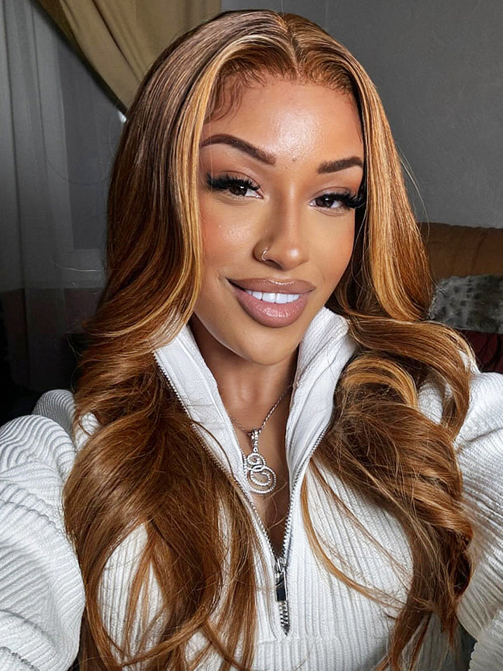 CurlyMe Highlights Ombre Human Hair Wigs Body Wave Transparent Lace Wigs Pre Plucked