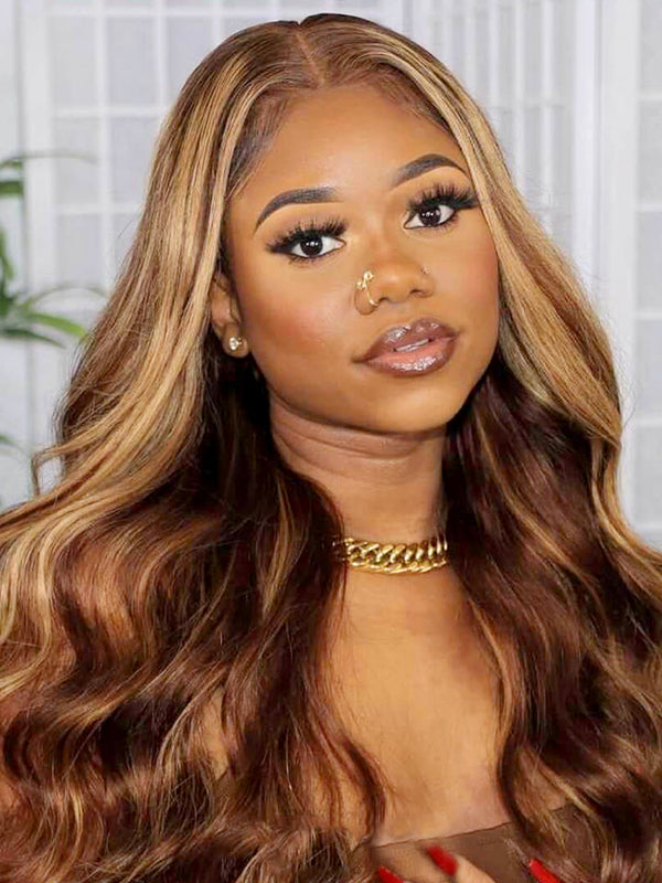 CurlyMe Highlights Ombre 6x4 HD Lace Wear Go Body Wave Glueless Wigs Pre Cut Lace Wig