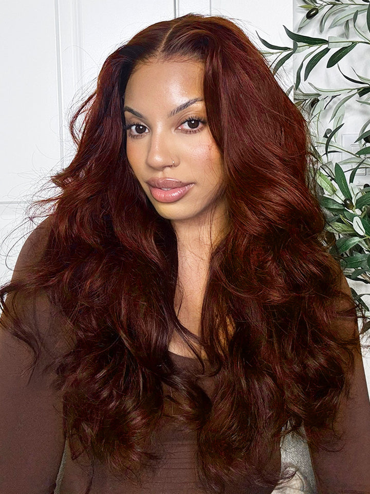 CurlyMe Pre-cut 9x6 Lace Reddish Brown Body Wave Hair Wear Go Glueless Mini Knots Wig Pre-plucked