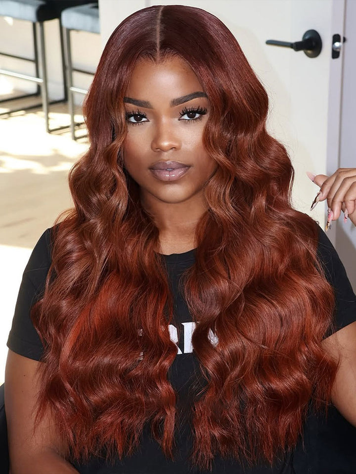 CurlyMe Pre-cut 9x6 Lace Reddish Brown Body Wave Hair Wear Go Glueless Mini Knots Wig Pre-plucked