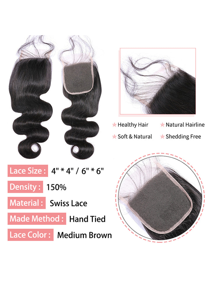 CurlyMe Body Wave Human Hair 4 Bundles with 4x4/5x5 Lace Closure