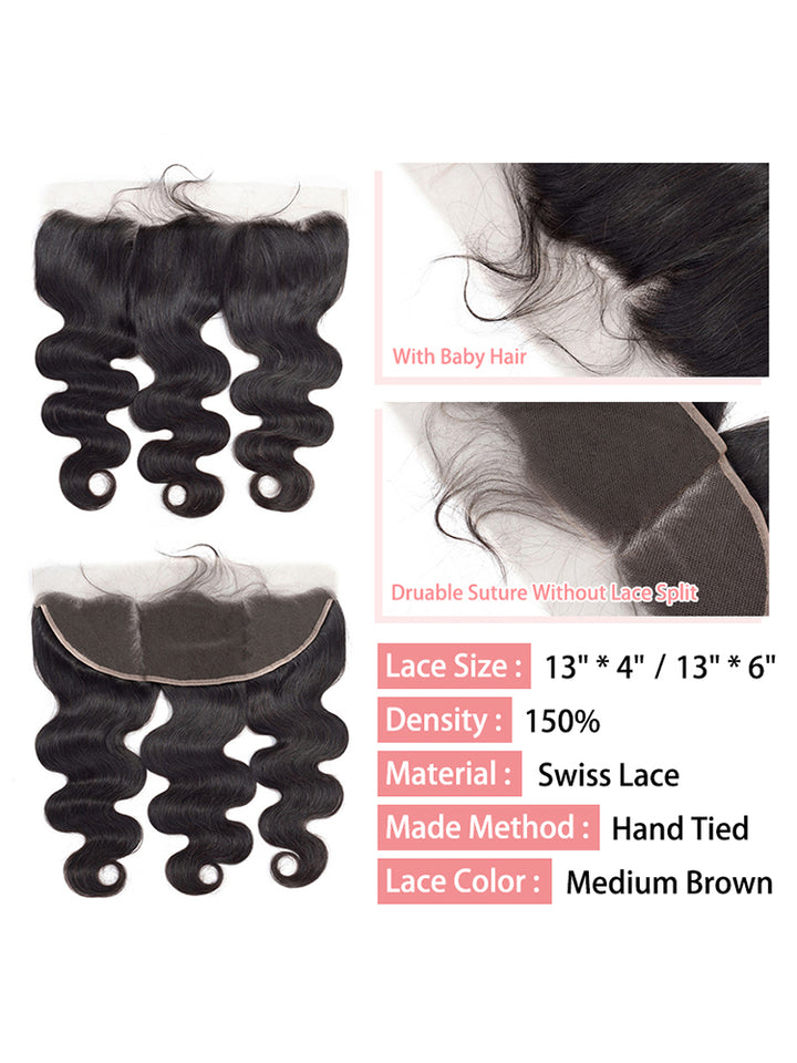 CurlyMe Body Wave Virgin Human Hair 4 Bundles with 13x4 Lace Frontal Natural Black
