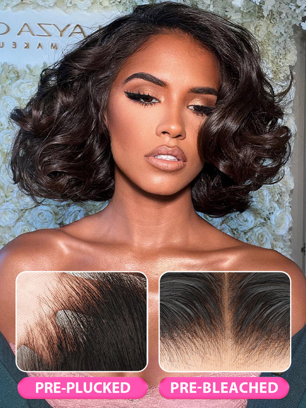 CurlyMe Short Cut Body Wave Hair 13x4 Lace Front Bob Wigs Pre Plucked For Women