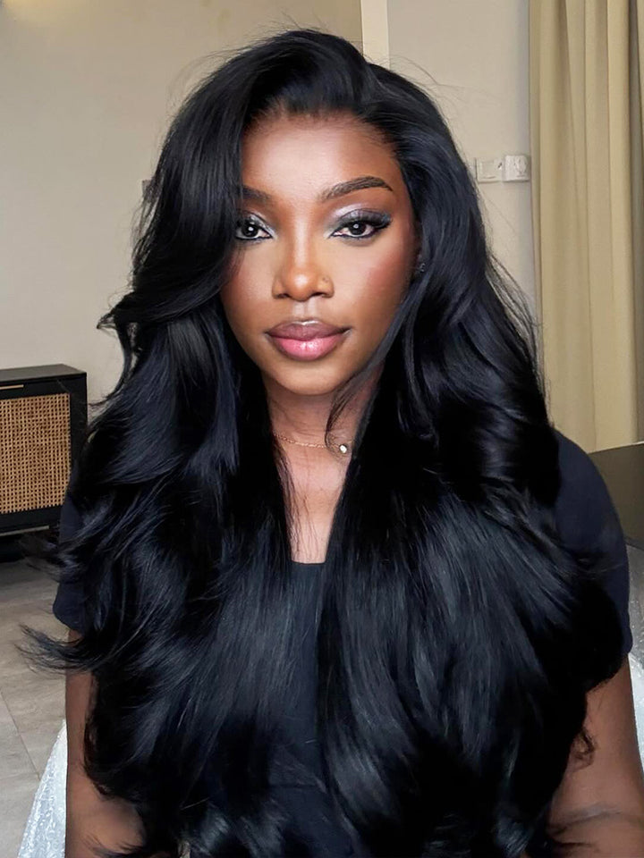 Wear Go Natural Black Color Face-Framing Layered Cut Body Wave Wig Pre ...