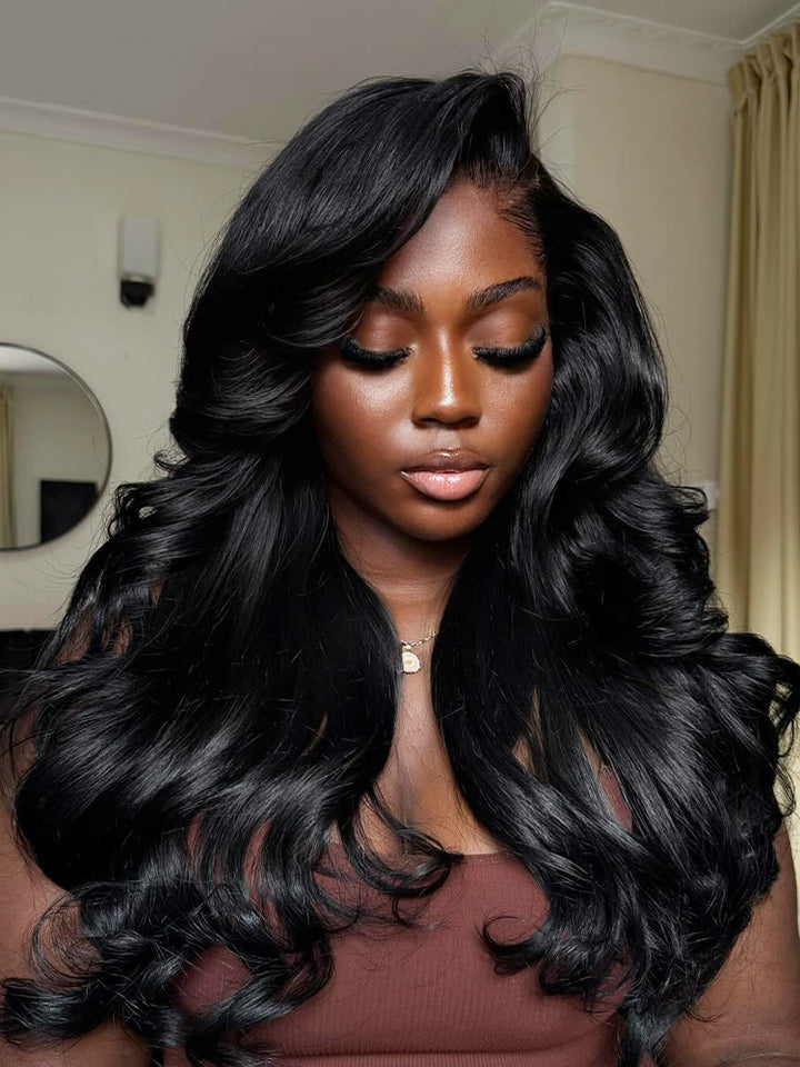 Wear Go Natural Black Color Face-Framing Layered Cut Body Wave Wig Pre ...