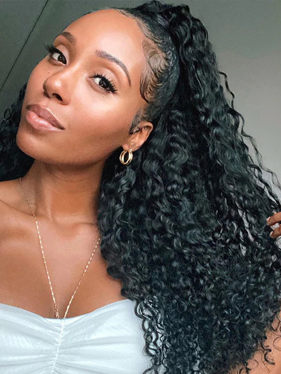 Real Human Hair Drawstring Ponytail Straight & Wavy Natural Black Wrap ...