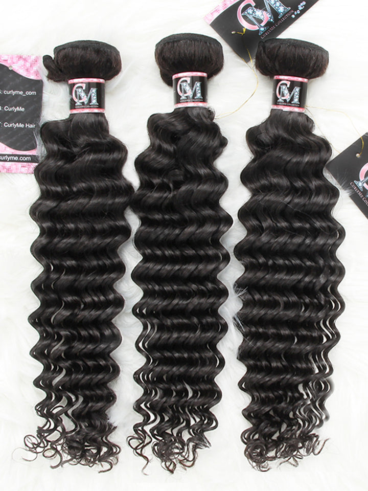 CurlyMe Deep Wave Human Hair 3 Bundles With 13x4 Lace Frontal Natural Black