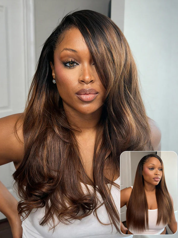 Black to Chestnut Brown Ombre Yaki Straight Half Wig