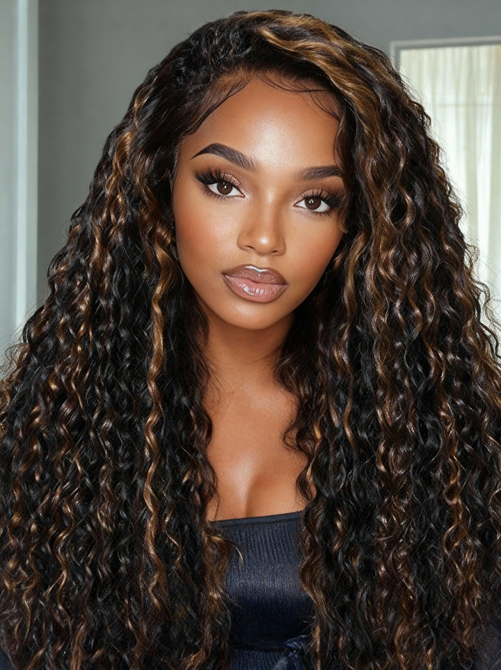 CurlyMe 3 IN 1 Water Wave Glueless Black Wig With Golden Brown Highlight Wear Go Half Wig