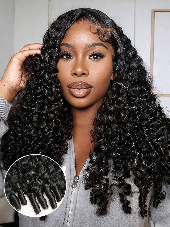 CurlyMe Pre Bleached Knots Burmese Curly Hair 13x6 Pre-Cut HD Lace Frontal Wig With Elastic Draw-string Wear Go Wig