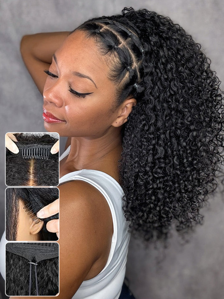 CurlyMe 3 In 1 Half Wig Kinky Curly Glueless Install Half Wig With Draw-string Beginner Friendly