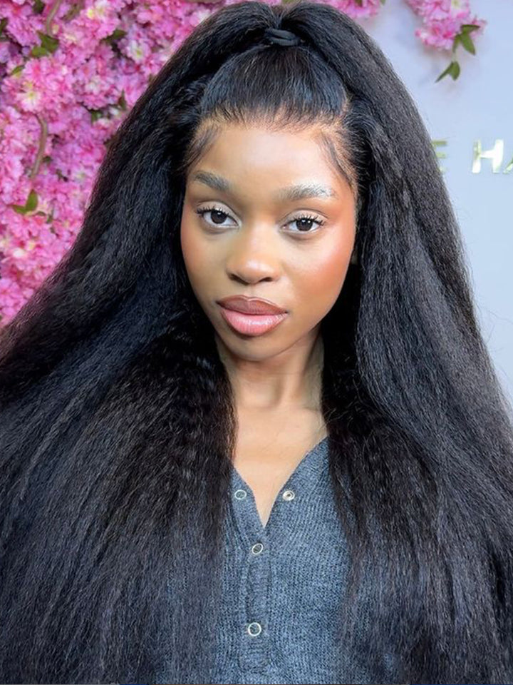 CurlyMe Kinky Straight Hair 13x4 Lace Front Wigs Pre Plucked Natural Black