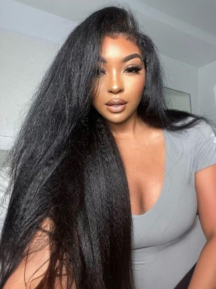 CurlyMe Kinky Straight Hair 13x4 Lace Front Wigs Pre Plucked Natural Black