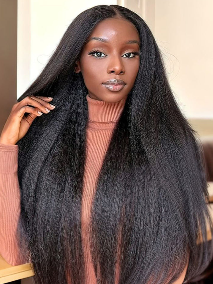 CurlyMe Kinky Straight Hair 13x4 Lace Front Wigs Pre Plucked Natural Black