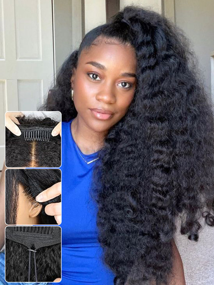 CurlyMe 3 In 1 Half Wig Kinky Straight Glueless Install Half Wig With Draw-string Beginner Friendly