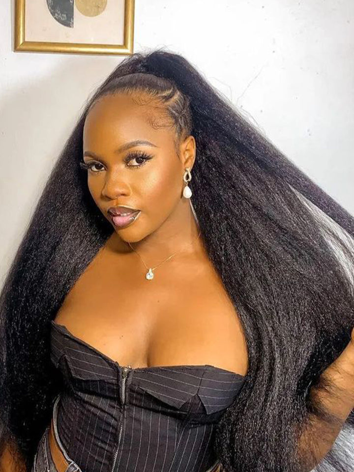 CurlyMe Kinky Straight Hair 13x4 Lace Front Wigs Pre Plucked Natural Black