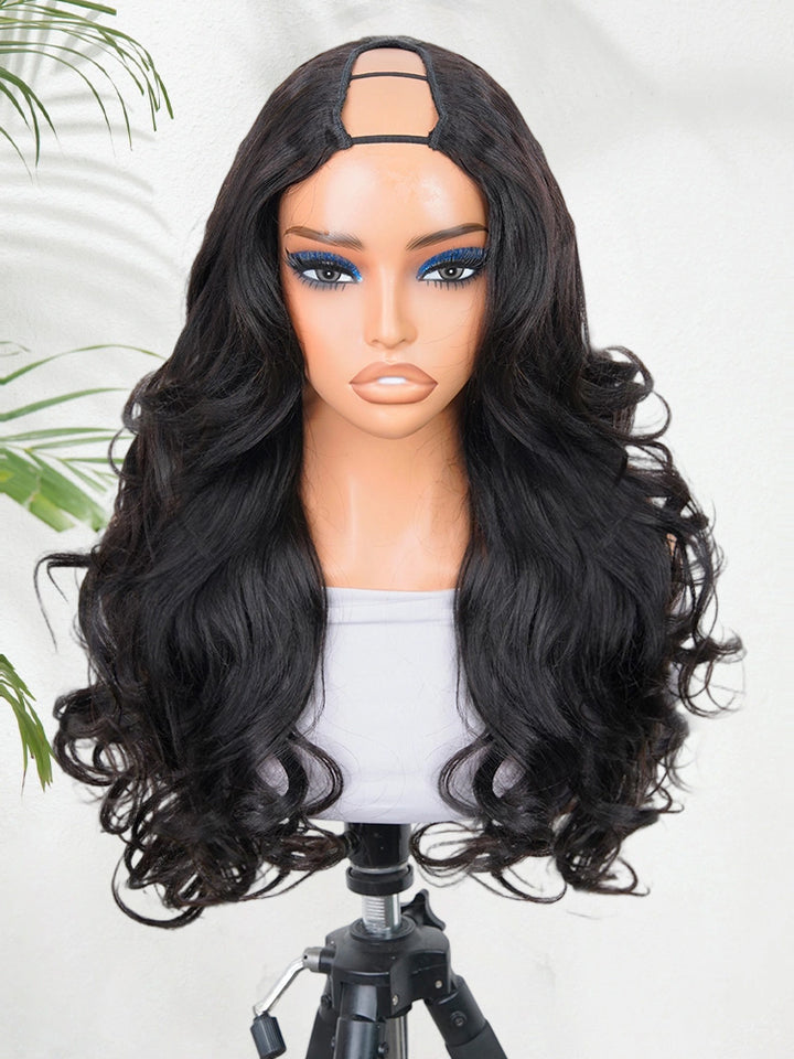 CurlyMe Pre-Styled Butterfly Cut Layered U Part Natural Black Yaki Straight Human Hair Wigs