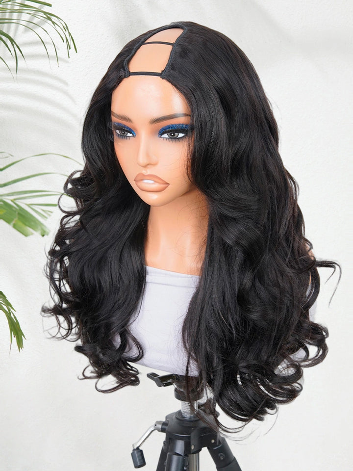 CurlyMe Pre-Styled Butterfly Cut Layered U Part Natural Black Yaki Straight Human Hair Wigs