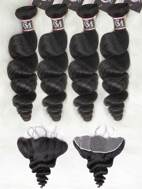 CurlyMe Loose Wave Virgin Human Hair 4 Bundles with 13x4 Frontal Natural Black
