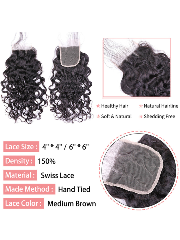 CurlyMe Natural Wave Virgin Human Hair 4 Bundles with 4x4/5x5 Closure Natural Black