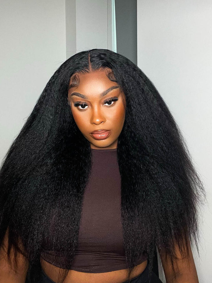 CurlyMe Kinky Straight Virgin Human Hair Bundles with a 13x4 Lace Frontal Natural Black