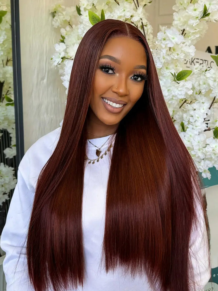 CurlyMe Pre-cut 9x6 Lace Reddish Brown Straight Human Hair Wear Go Glueless Mini Knots Wig Pre-plucked
