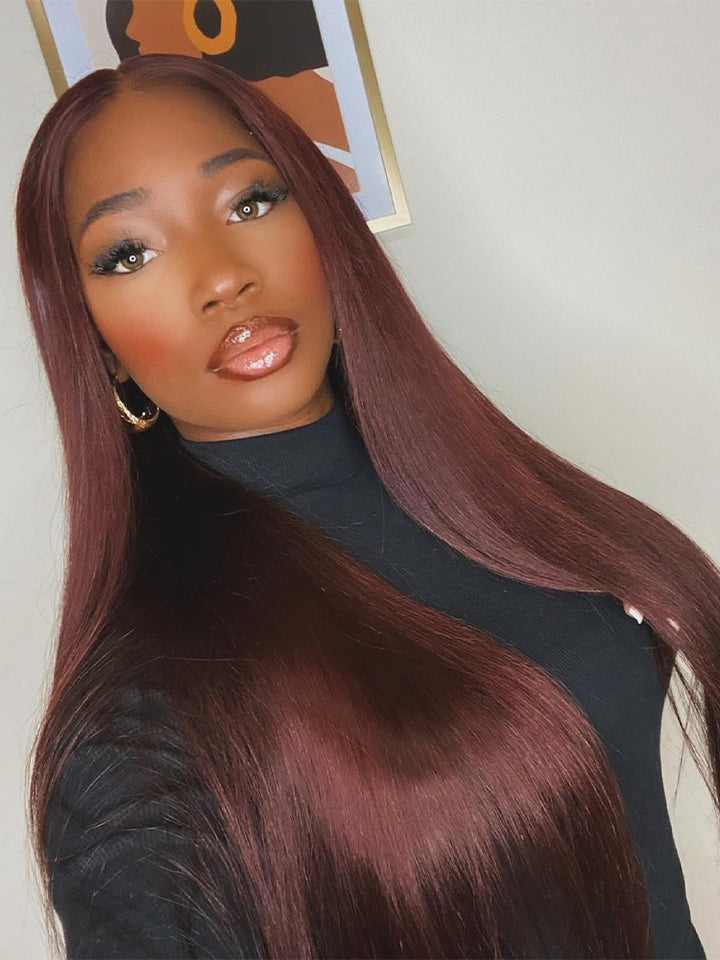 CurlyMe Pre-cut 9x6 Lace Reddish Brown Straight Human Hair Wear Go Glueless Mini Knots Wig Pre-plucked