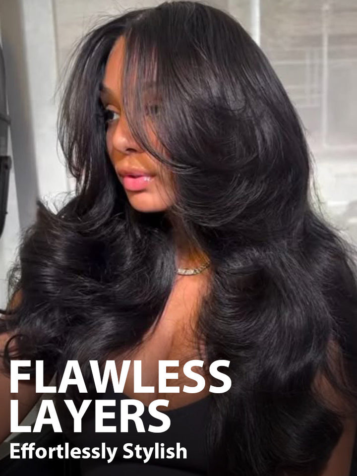 CurlyMe Layered Cut Pre-Bleached Body Wave 7x5 Pre-Cut HD Lace Wear Go Glueless Wigs