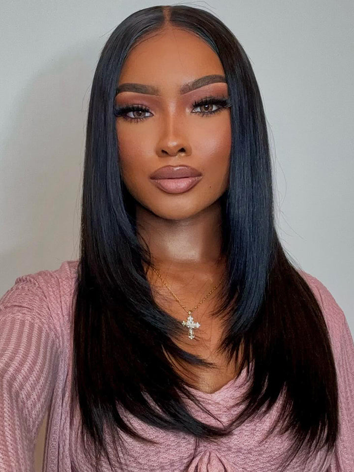 CurlyMe Layered Cut Black to Chestnut Brown Ombre Yaki Straight Hair 7x5 Pre-Cut Swiss Lace Wear Go Glueless Wigs