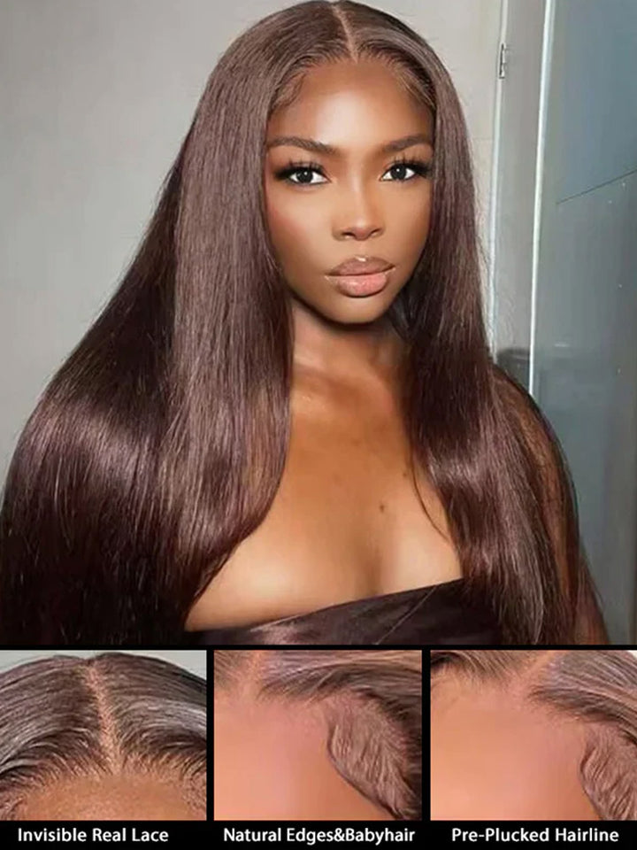 CurlyMe Chocolate Brown #4 Pre Cut Pre Plucked Wear Go Glueless Straight Lace Frontal Human Hair Wig Luvme