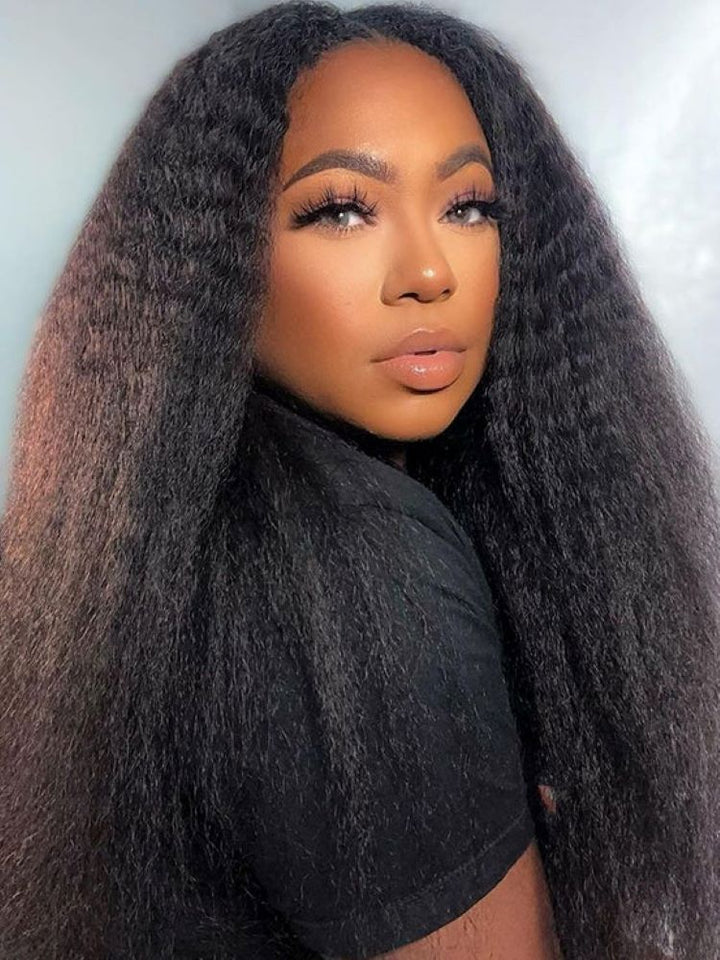 CurlyMe V Part Glueless No Leave Out Kinky Straight Human Hair Wig Pre-plucked Beginner Friendly