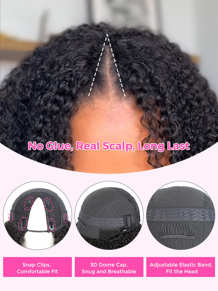 CurlyMe V Part Glueless No Leave Out Afro Kinky Curly Human Hair Wig Pre-plucked Beginner Friendly