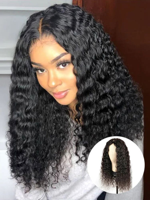 CurlyMe Water Wave V Part Wig Human Hair Glueless No Lace Wig Same as Thin Part