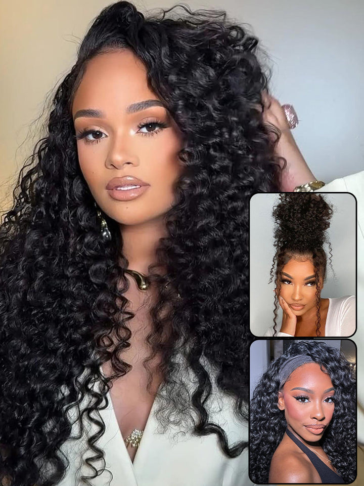 CurlyMe 3 In 1 Half Wig Water Wave Glueless Install Half Wig With Adjustable String Beginner Friendly