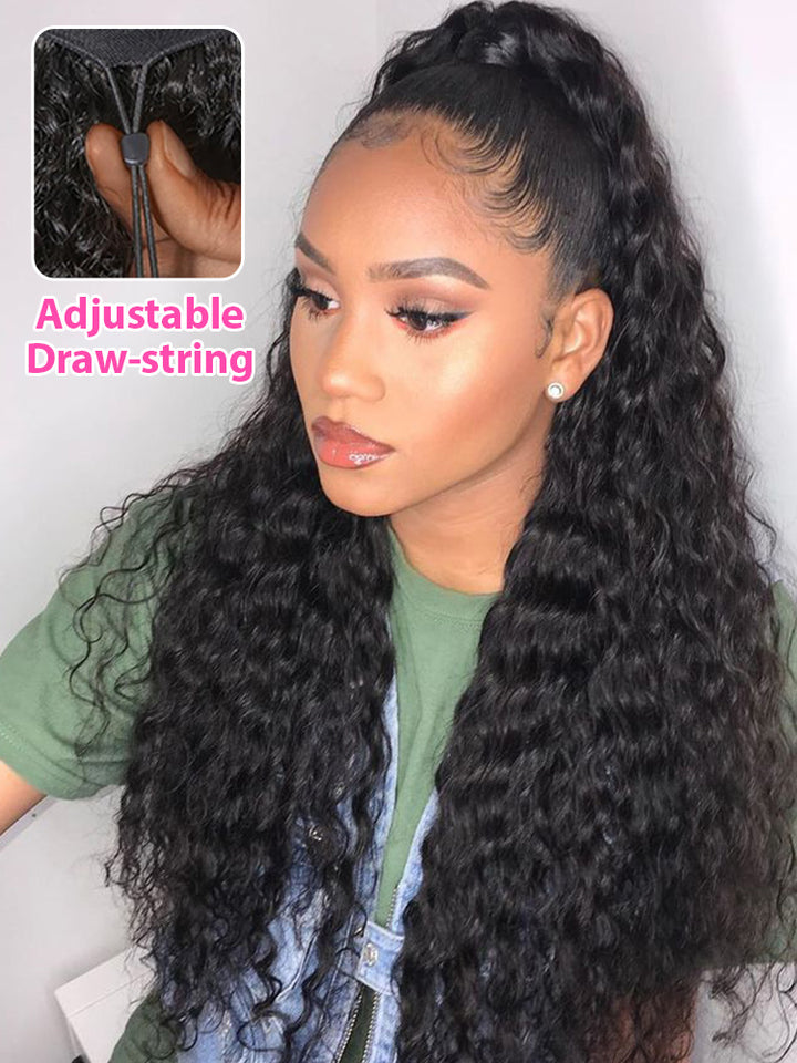 Drawstring Installation 3 IN 1 Half Wig Water Wave Invisible Hairline Glueless Install Wig With ...