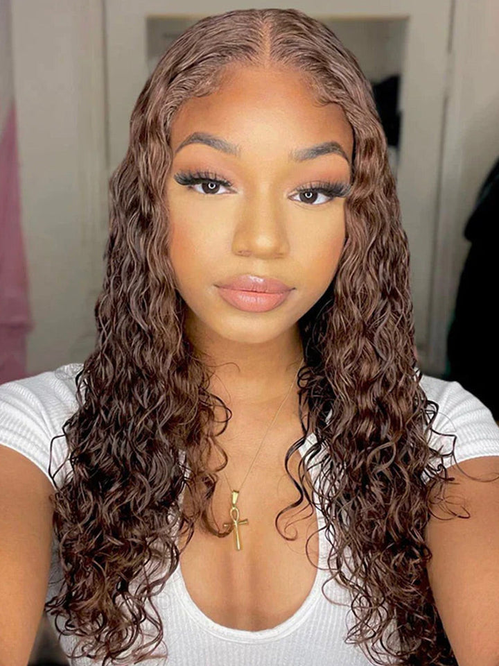 CurlyMe #4 Chocolate Brown Pre Cut Glueless Lace Water Wave Wear Go Wig