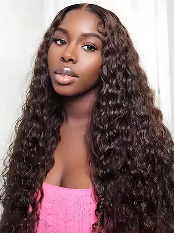 CurlyMe #4 Chocolate Brown Pre Cut Glueless Lace Water Wave Wear Go Wig