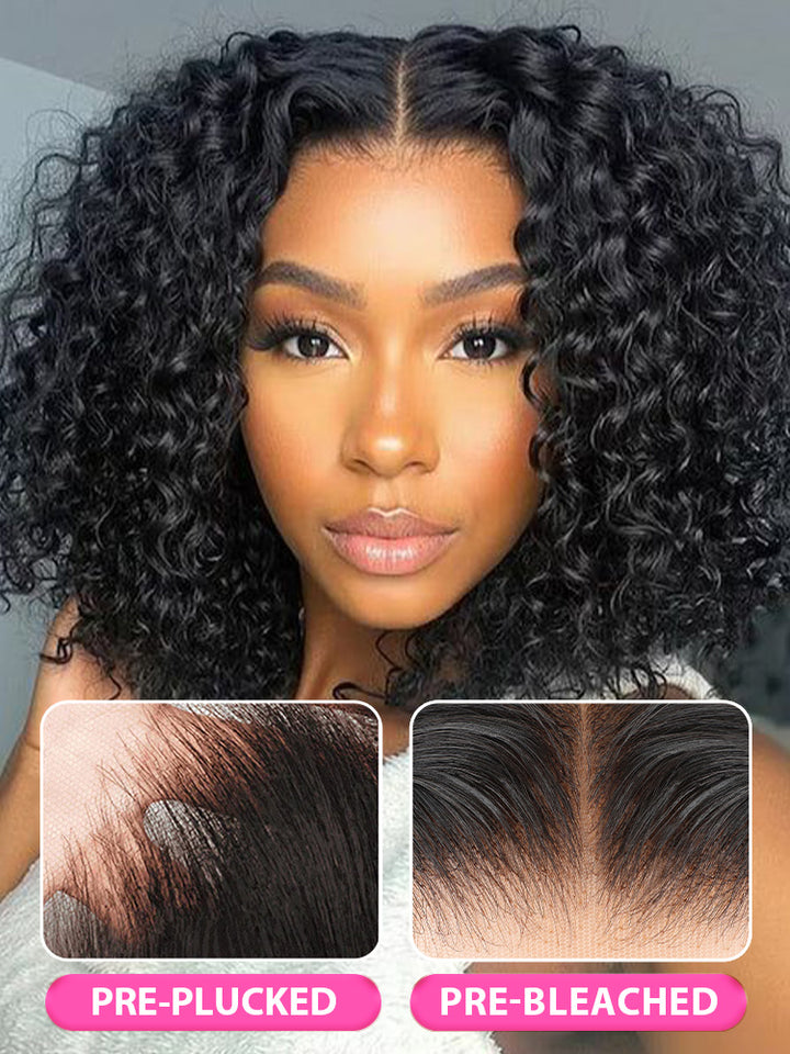 CurlyMe Short Cut Water Wave Hair 13x4 Transparent Lace Bob Wig Pre Plucked