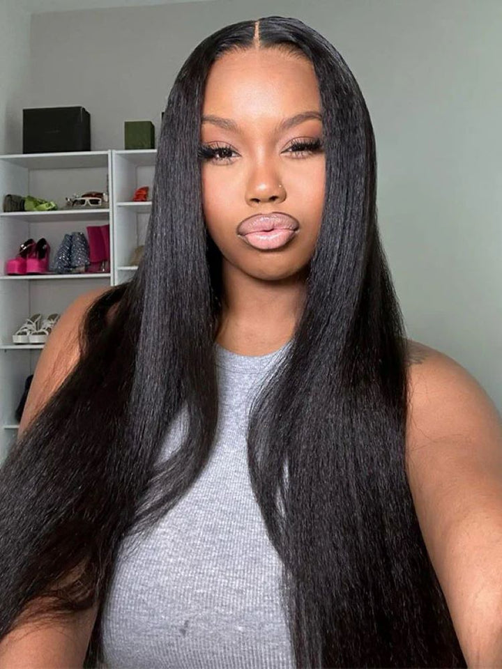 CurlyMe Pre-bleached Yaki Straight Hair Wear Go Glueless Wig 7x5 Pre-cut HD Lace Pre-plucked