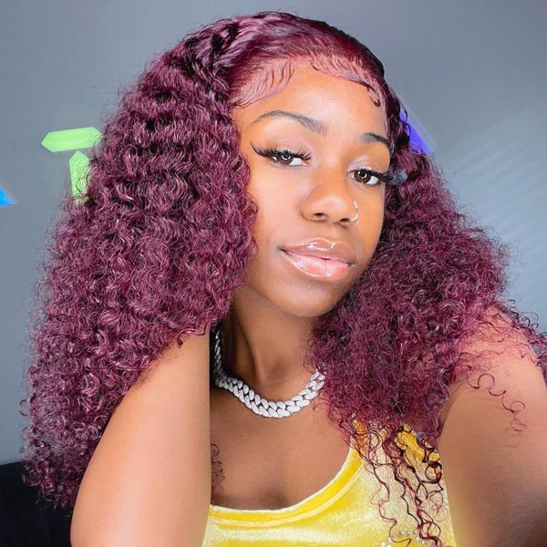 CurlyMe Burgundy Color Kinky Curly Hair Lace Front Wigs, Burgundy Hair 5x5 Lace Human Hair Wigs