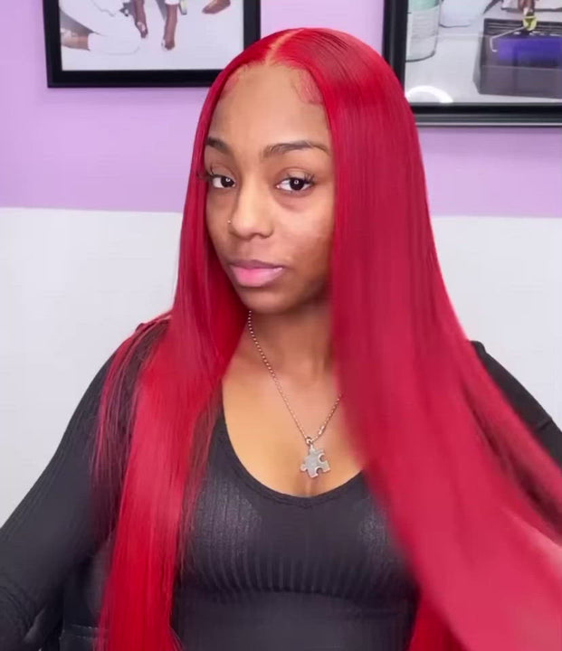 CurlyMe Bright Red Colored Straight Hair Lace Front Wigs Pre Plucked Hairline | CurlyMe Hair