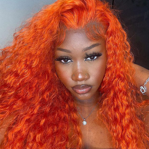 CurlyMe Hair Ginger Orange Colored Water Wave Human Hair 13x4 Lace Front Wigs For Women