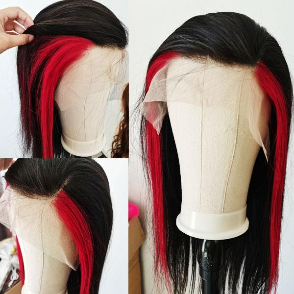 CurlyMe Red and Black Ombre Highlights Straight Human Hair 13x4 Lace Front Wigs | CurlyMe Hair